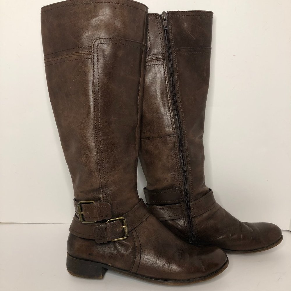 Nine West "Vashiza" Leather Riding Knee Tall MOTO Boot Quiet Luxury Country